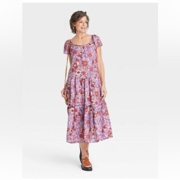 Knox Rose Dresses & Skirts - Knox Rose Tiered Scoop Neck Puff Sleeve Midi Dress M Prairie Cottage Core NWT
